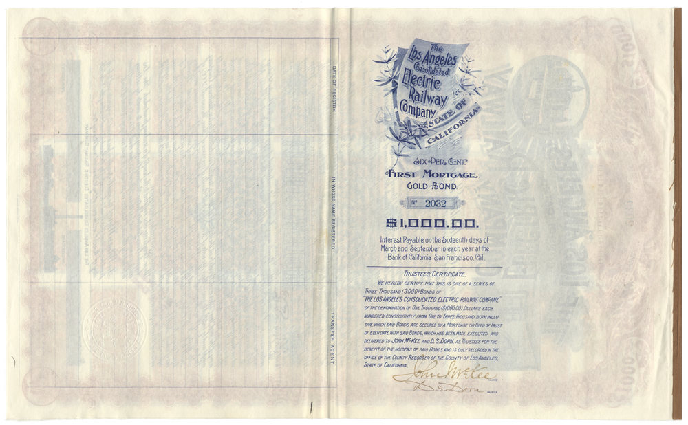 Los Angeles Consolidated Electric Railway Company Bond Certificate Signed by Moses Hazeltine Sherman