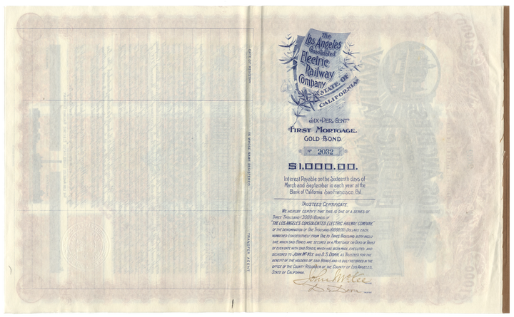 Los Angeles Consolidated Electric Railway Company Bond Certificate Signed by Moses Hazeltine Sherman