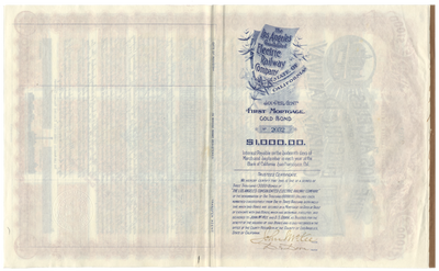 Los Angeles Consolidated Electric Railway Company Bond Certificate Signed by Moses Hazeltine Sherman