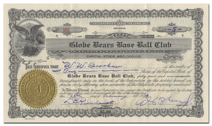 Globe Bears Base Ball Club Stock Certificate