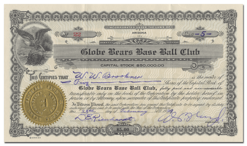 Globe Bears Base Ball Club Stock Certificate