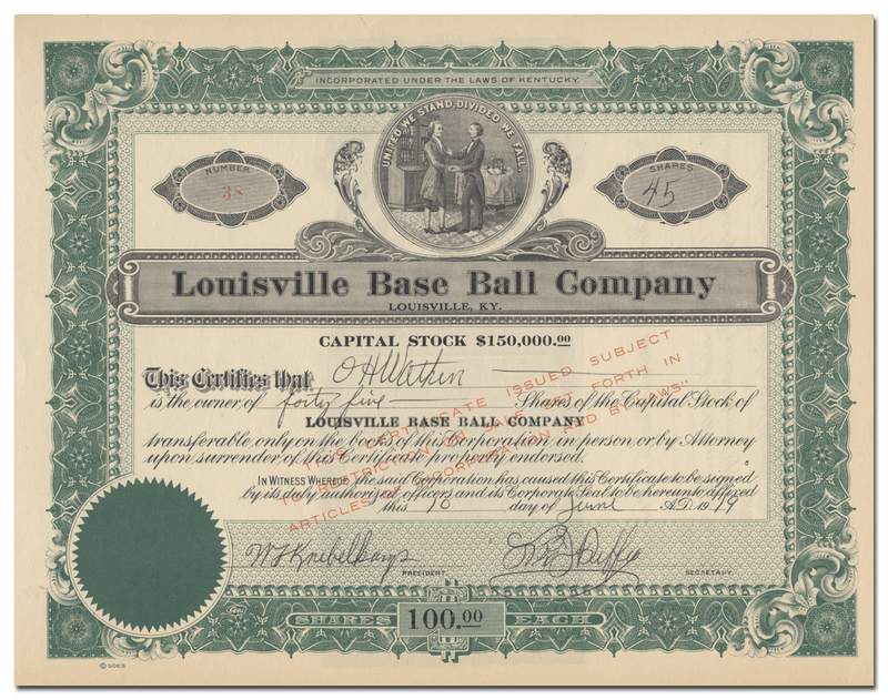 Louisville Base Ball Company Stock Certificate
