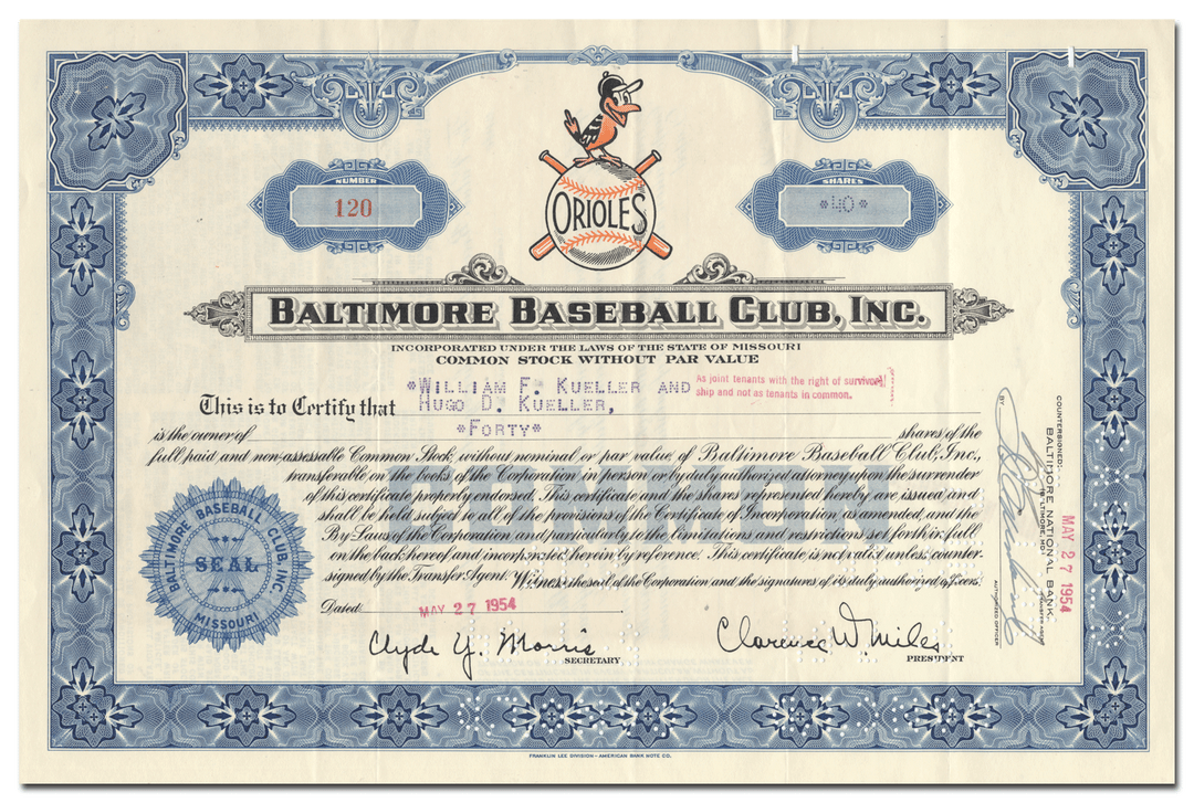 Baltimore Baseball Club, Inc. Stock Certificate