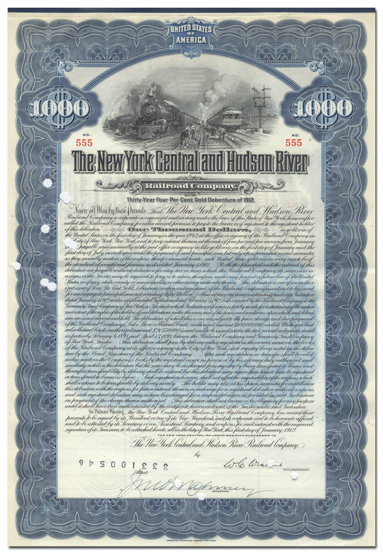 New York Central and Hudson River Railroad Company Bond Certificate