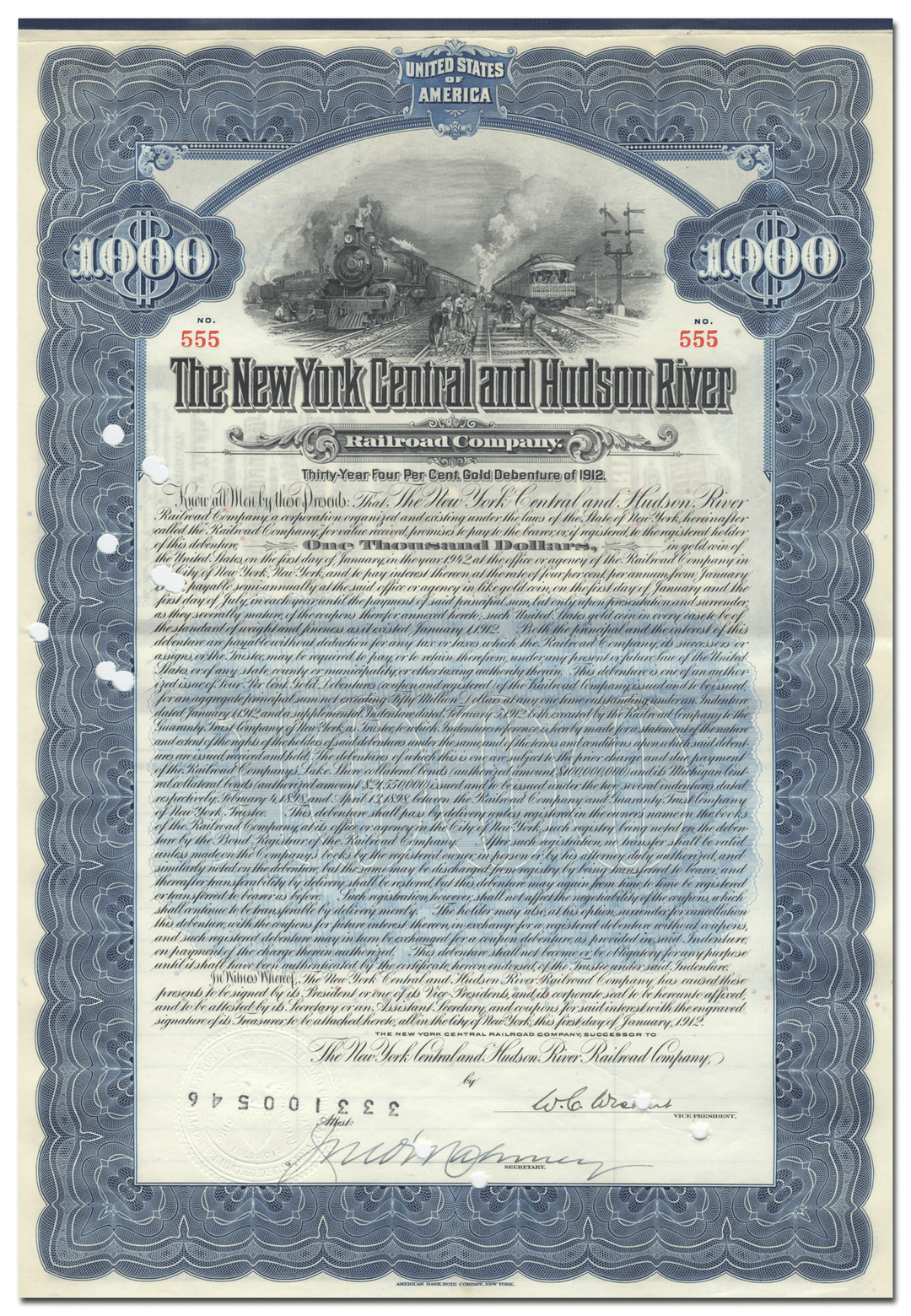 New York Central and Hudson River Railroad Company Bond Certificate