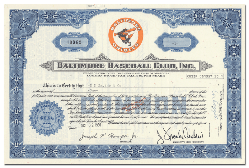 Baltimore Baseball Club, Inc. Stock Certificate