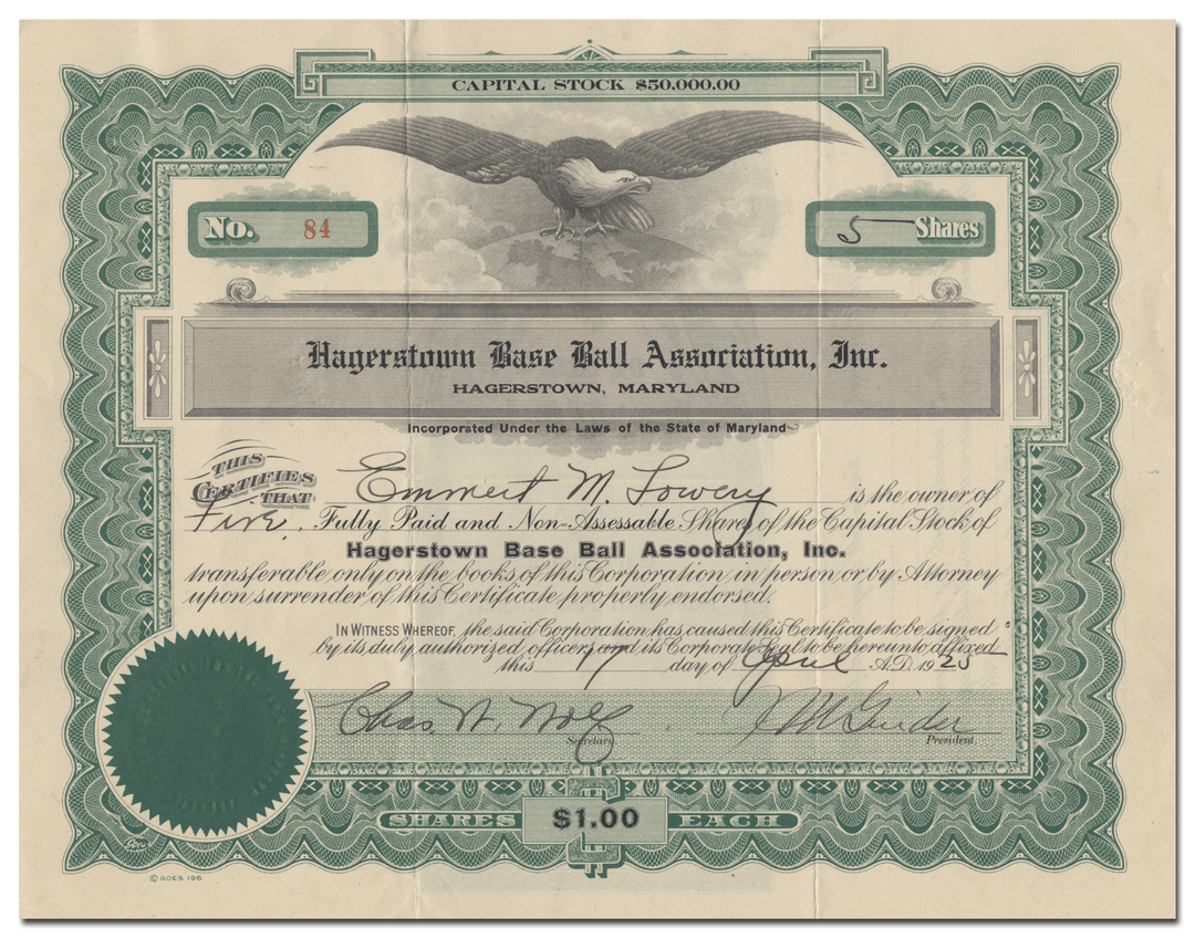 Hagerstown Base Ball Association, Inc. Stock Certificate