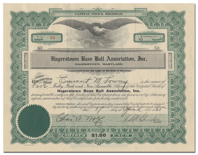 Hagerstown Base Ball Association, Inc. Stock Certificate