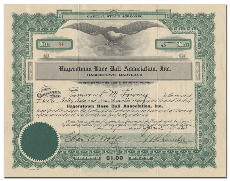 Hagerstown Base Ball Association, Inc. Stock Certificate