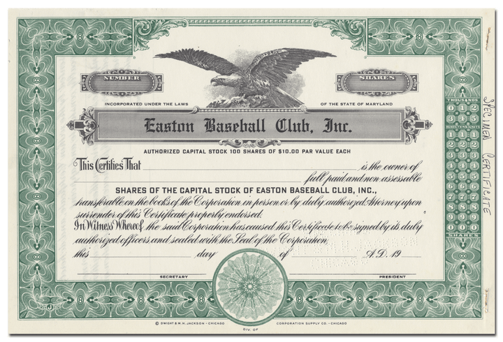 Easton Baseball Club, Inc. Stock Certificate