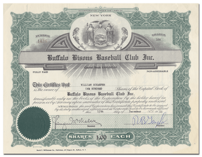 Buffalo Bisons Baseball Club Inc. Stock Certificate