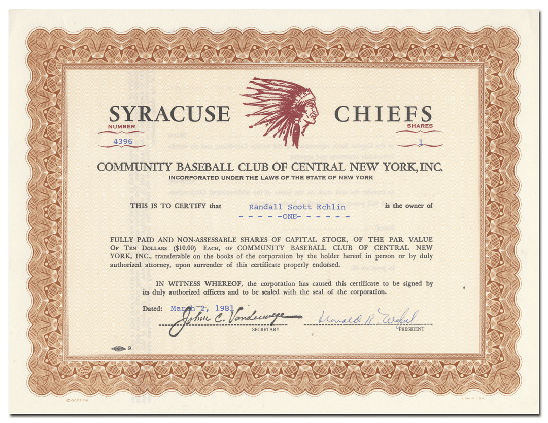 Community Baseball Club of Central New York, Inc. Stock Certificate