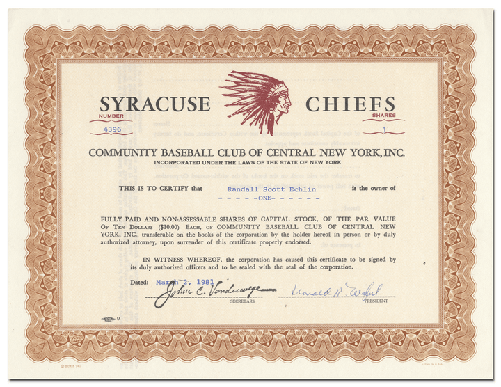 Community Baseball Club of Central New York, Inc. Stock Certificate