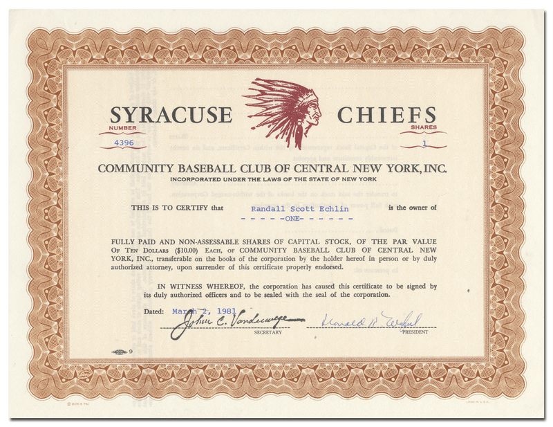 Community Baseball Club of Central New York, Inc. Stock Certificate