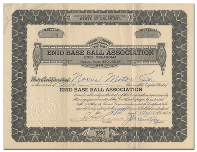 Enid Base Ball Association Stock Certificate