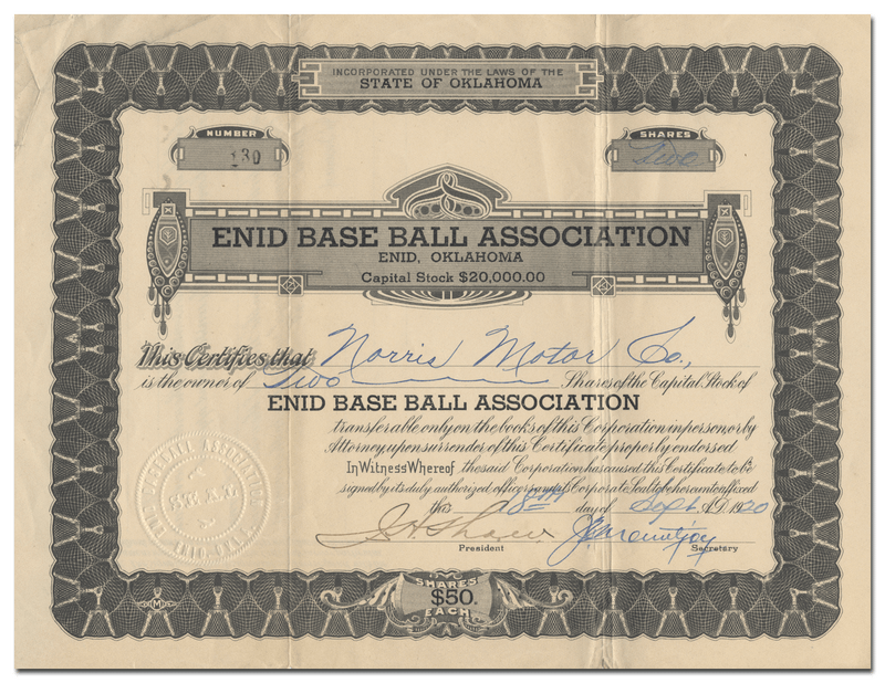 Enid Base Ball Association Stock Certificate