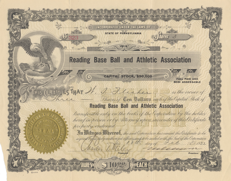 Reading Base Ball and Athletic Association Stock Certificate