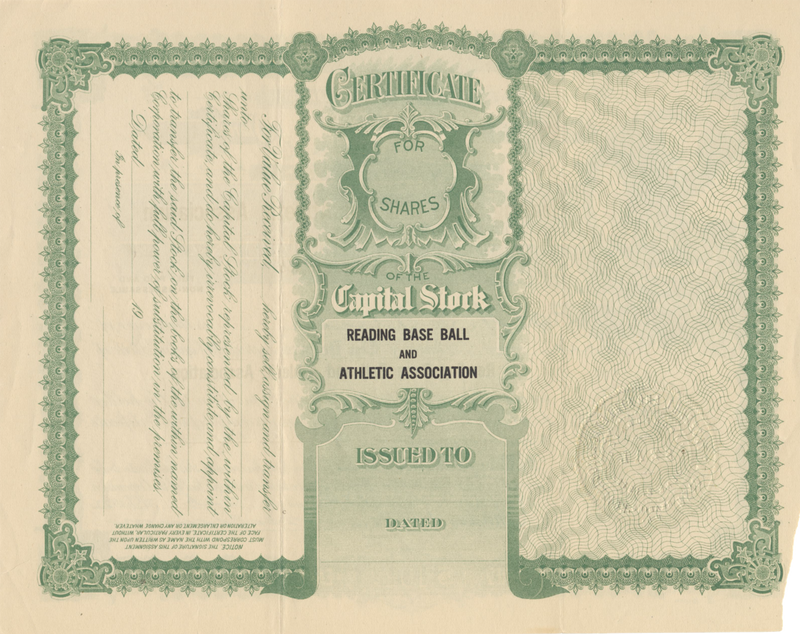 Reading Base Ball and Athletic Association Stock Certificate