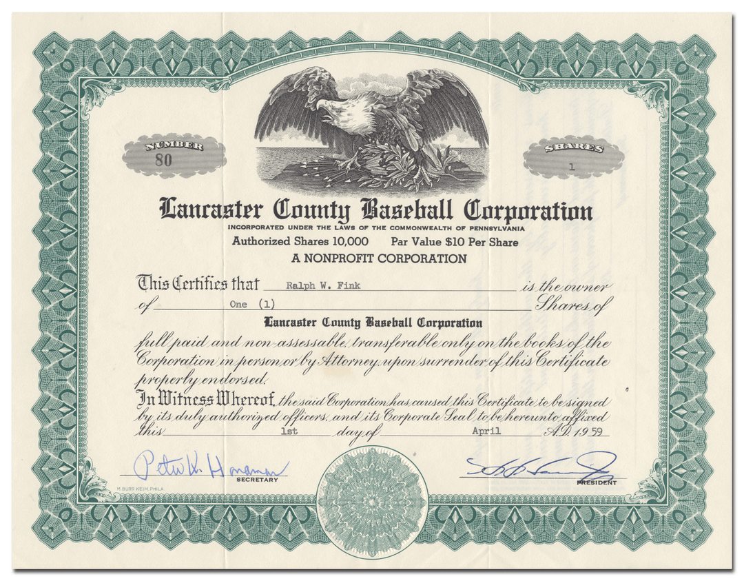 Lancaster County Baseball Corporation Stock Certificate