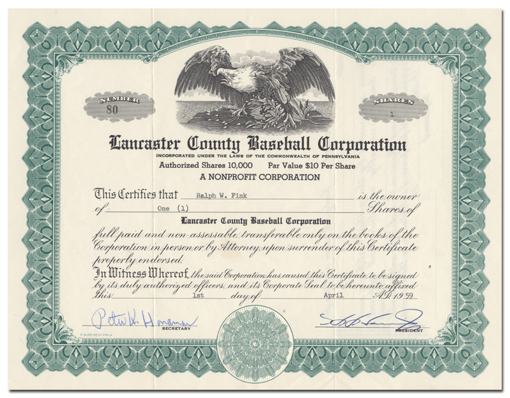 Lancaster County Baseball Corporation Stock Certificate