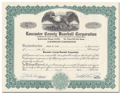 Lancaster County Baseball Corporation Stock Certificate