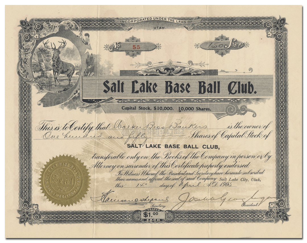 Salt Lake Base Ball Club Stock Certificate