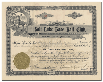 Salt Lake Base Ball Club Stock Certificate
