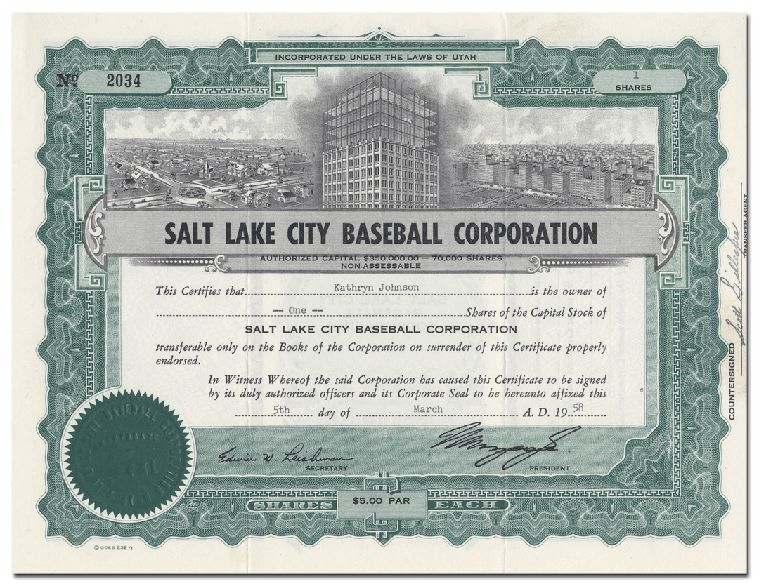 Salt Lake City Baseball Corporation Stock Certificate