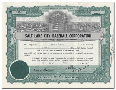 Salt Lake City Baseball Corporation Stock Certificate