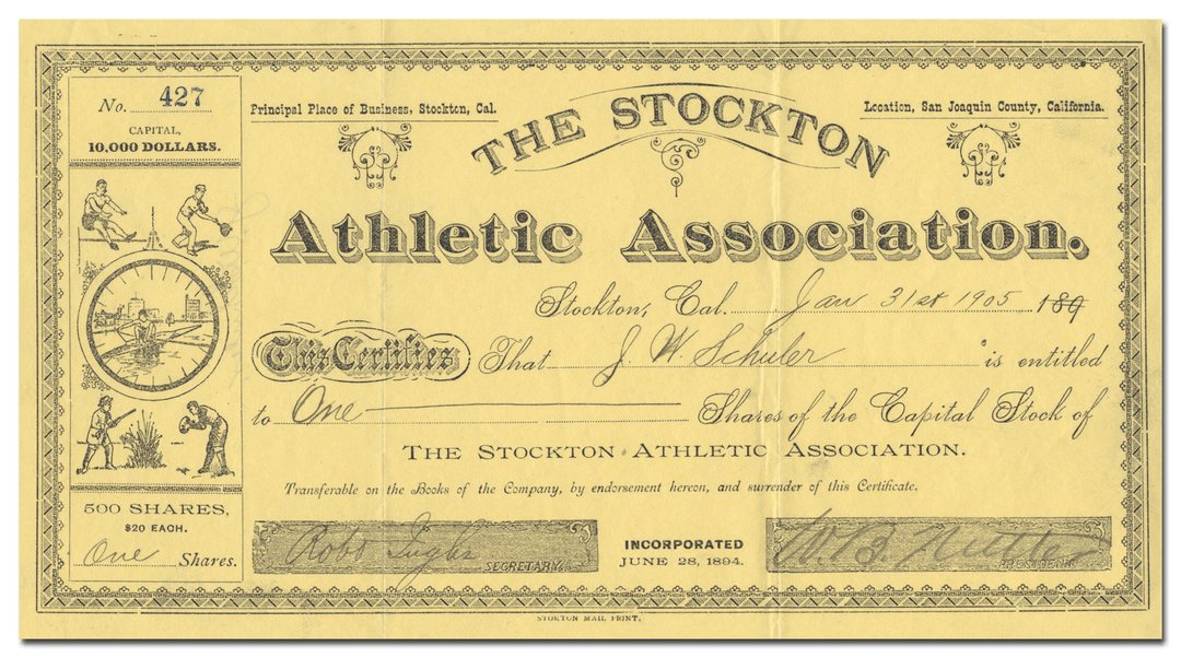 Stockton Athletic Association Stock Certificate