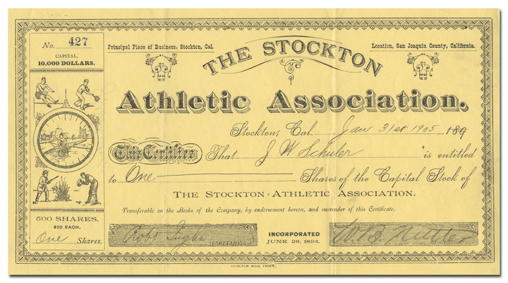 Stockton Athletic Association Stock Certificate