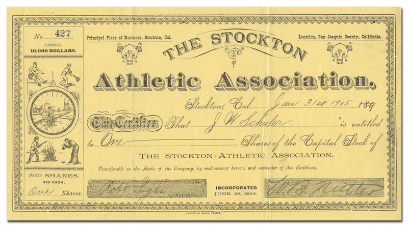 Stockton Athletic Association Stock Certificate