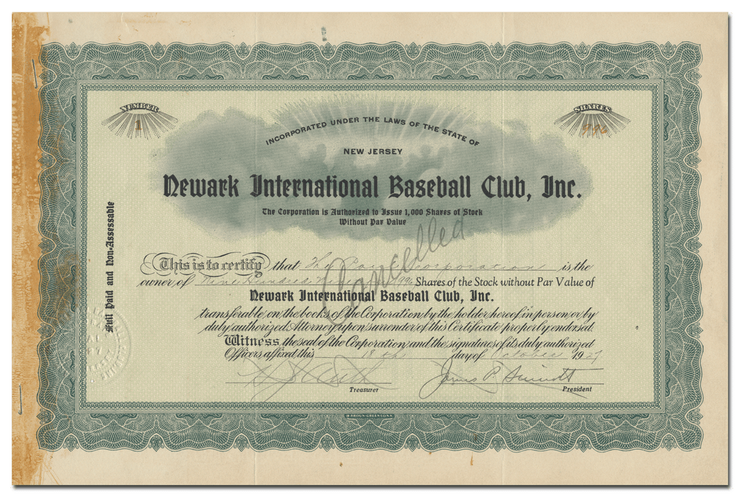 Newark International Baseball Club, Inc. Stock Certificate (Certificate #1)