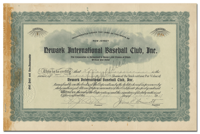 Newark International Baseball Club, Inc. Stock Certificate (Certificate #1)