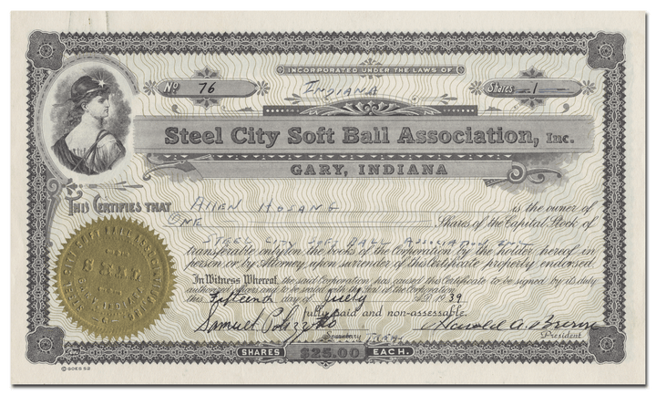 Steel City Soft Ball Association, Inc. Stock Certificate