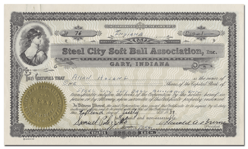 Steel City Soft Ball Association, Inc. Stock Certificate