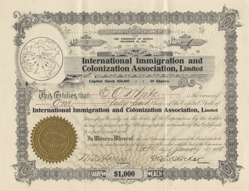 International Immigration and Colonization Association, Limited Stock Certificate