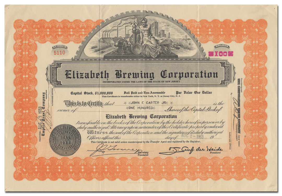 Elizabeth Brewing Corporation Stock Certificate