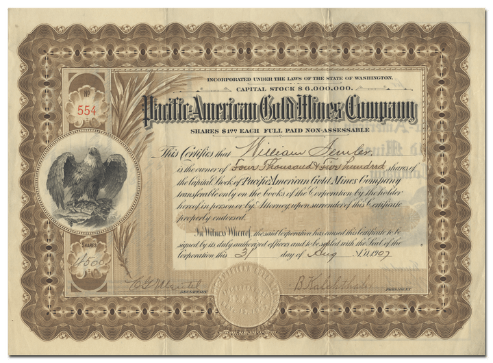 Pacific American Gold Mines Company Stock Certificate