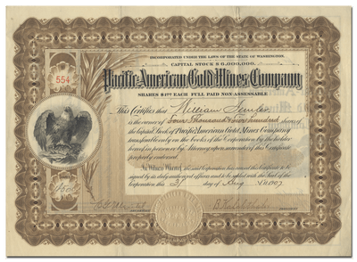 Pacific American Gold Mines Company Stock Certificate