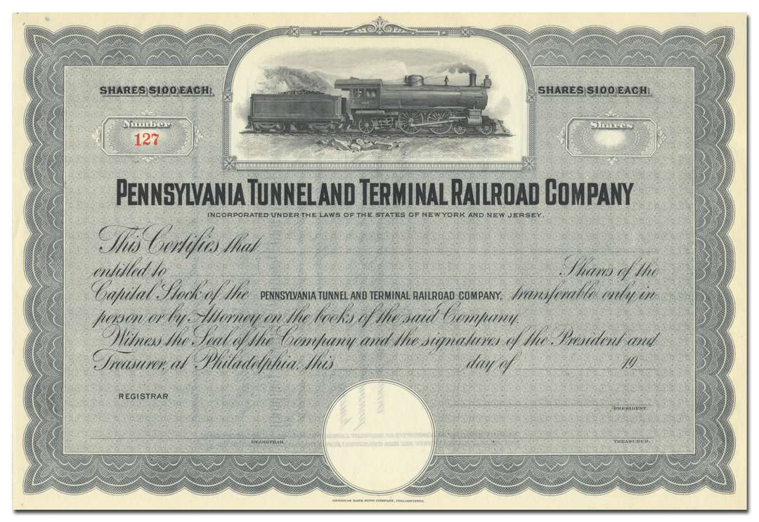 Pennsylvania Tunnel and Terminal Railroad Company Stock Certificate