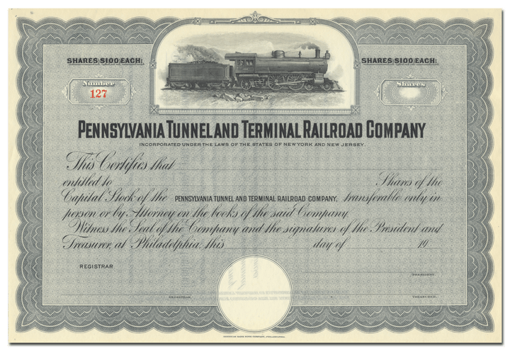 Pennsylvania Tunnel and Terminal Railroad Company Stock Certificate