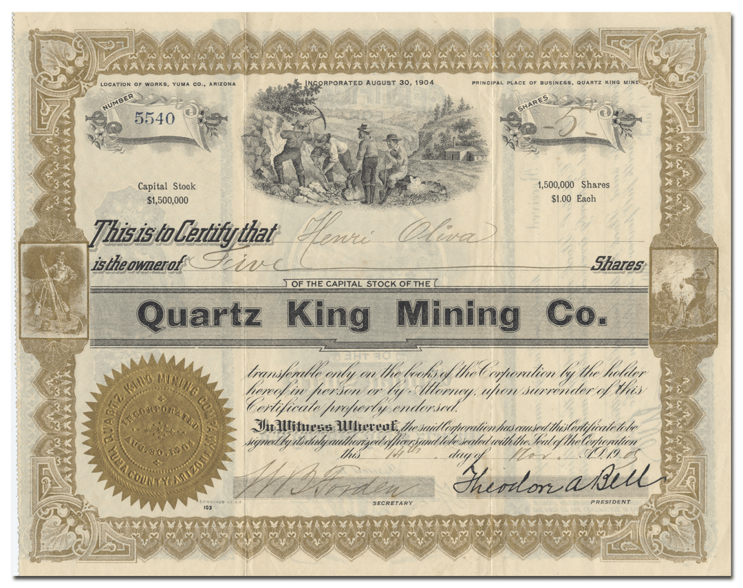 Quartz King Mining Co. Stock Certificate