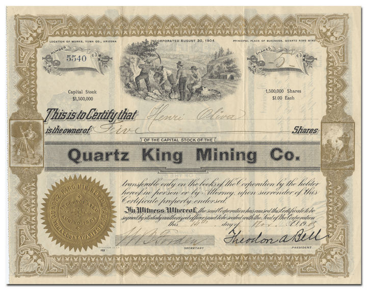 Quartz King Mining Co. Stock Certificate