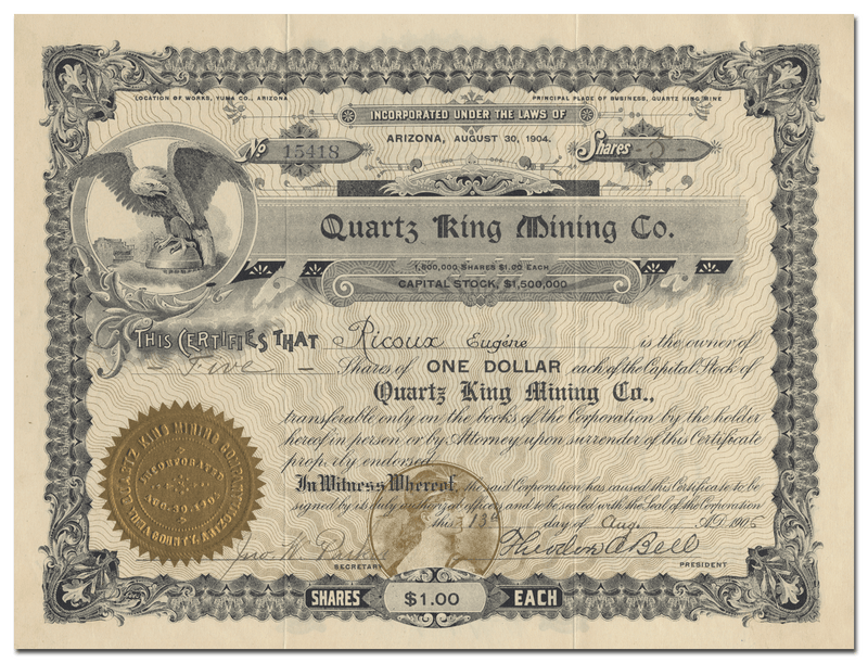 Quartz King Mining Co. Stock Certificate
