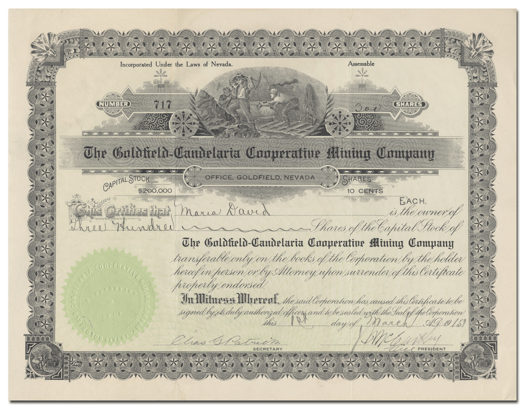 Goldfield-Candelaria Cooperative Mining Company Stock Certificate