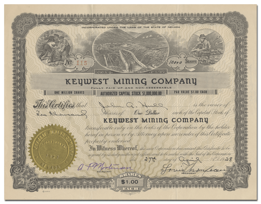 Keywest Mining Company Stock Certificate