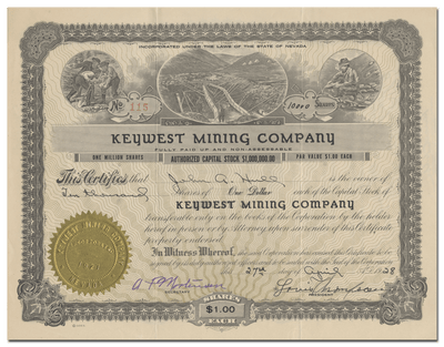Keywest Mining Company Stock Certificate