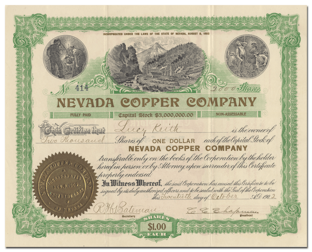 Nevada Copper Company Stock Certificate