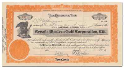 Nevada Western Gold Corporation, Ltd. Stock Certificate
